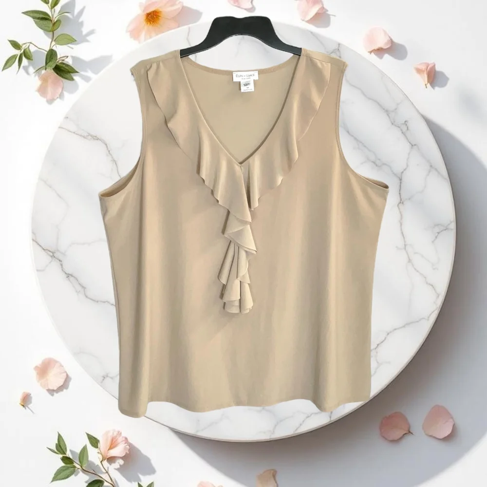 Elan & Grace NWT Tan Sleeveless Blouse w Ruffle Neckline/Front Women 3X - Picture 5 of 6